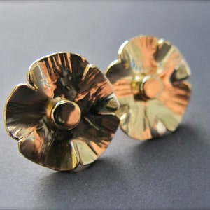 Large 14k Gold Wild Poppy Studs Hand-Forged Solid 14kt Yellow Gold Flower Earrings image 1