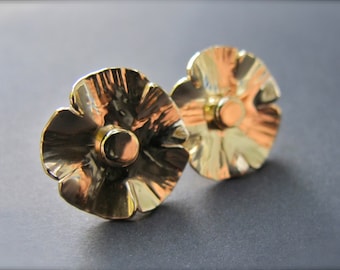 Large 14k Gold Wild Poppy Studs - Hand-Forged Solid 14kt Yellow Gold Flower Earrings