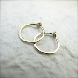 Micro Solid 14k Yellow Gold Hoops — 3/8 Inch Hand Forged Solid Gold Hoops — 14 Karat Yellow Gold Hoop Earrings