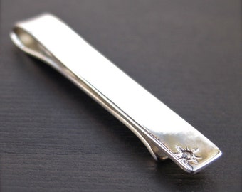 Diamond Tie Bar - Elegant Sterling Silver Tie Clip with Diamond