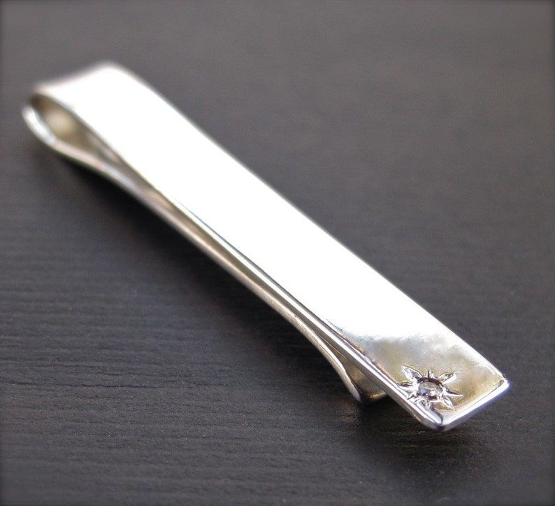 Diamond Tie Bar Elegant Sterling Silver Tie Clip with Diamond image 1