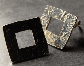 Textured Square Studs – Hollow Sterling Silver Hammered Geometric Stud Earrings
