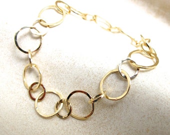 Bracelet 18k Gold Bang - Solid 18kt Yellow Gold Round Hammered Link Bracelet réglable