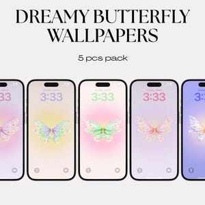 Pode incluir: Cinco smartphones exibindo papéis de parede com tema de borboletas. Cada telefone mostra um design de borboleta diferente com um fundo gradiente. O texto "DREAMY BUTTERFLY WALLPAPERS" e "5 pcs pack" estão no topo.