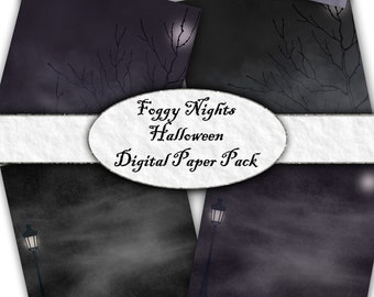 Foggy Nights Halloween Paper Pack 12x12 Scrapbook Mixed Media Collage Sheet Instant Download Printables Dark Papers Black Fog