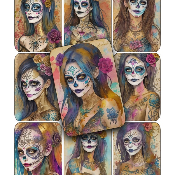 COLORFUL Day of the Dead ACEO ATC Backgrounds for Collage Tags 2.5x3.5 Inches Printable Sugar Skulls Goth Gothic Junk Journals