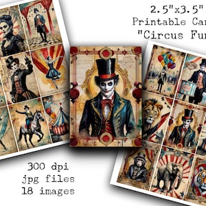 Circo, Vintage, Gótico, Payasos, Carpa, Maestro de ceremonias, ATC, Tarjetas, Vintage, Diarios basura, Etiquetas, Imprimible, Digital, Cartas de bolsillo, Tiras
