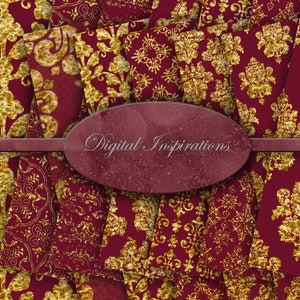 Gold Damask Digital Paper: Burgundy Scrapbook Backgrounds (Digital Download)