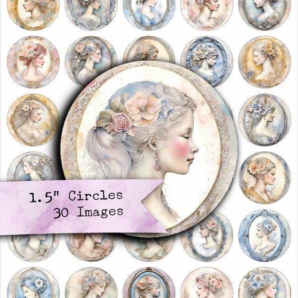 1.5 Inch Circles, CAMEOS, Profiles, French, Floral, Collage Sheet, Images for Pendants, Round Images, Circles, Jewelry Supplies, Flowers