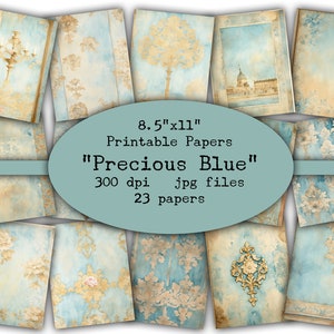 PRECIOUS BLUE, Letter Size, Digital Paper, Junk Journal, Printable Paper, Scrapbooking, Ephemera, Printable Ephemera, Blue Paper, Paper Pack