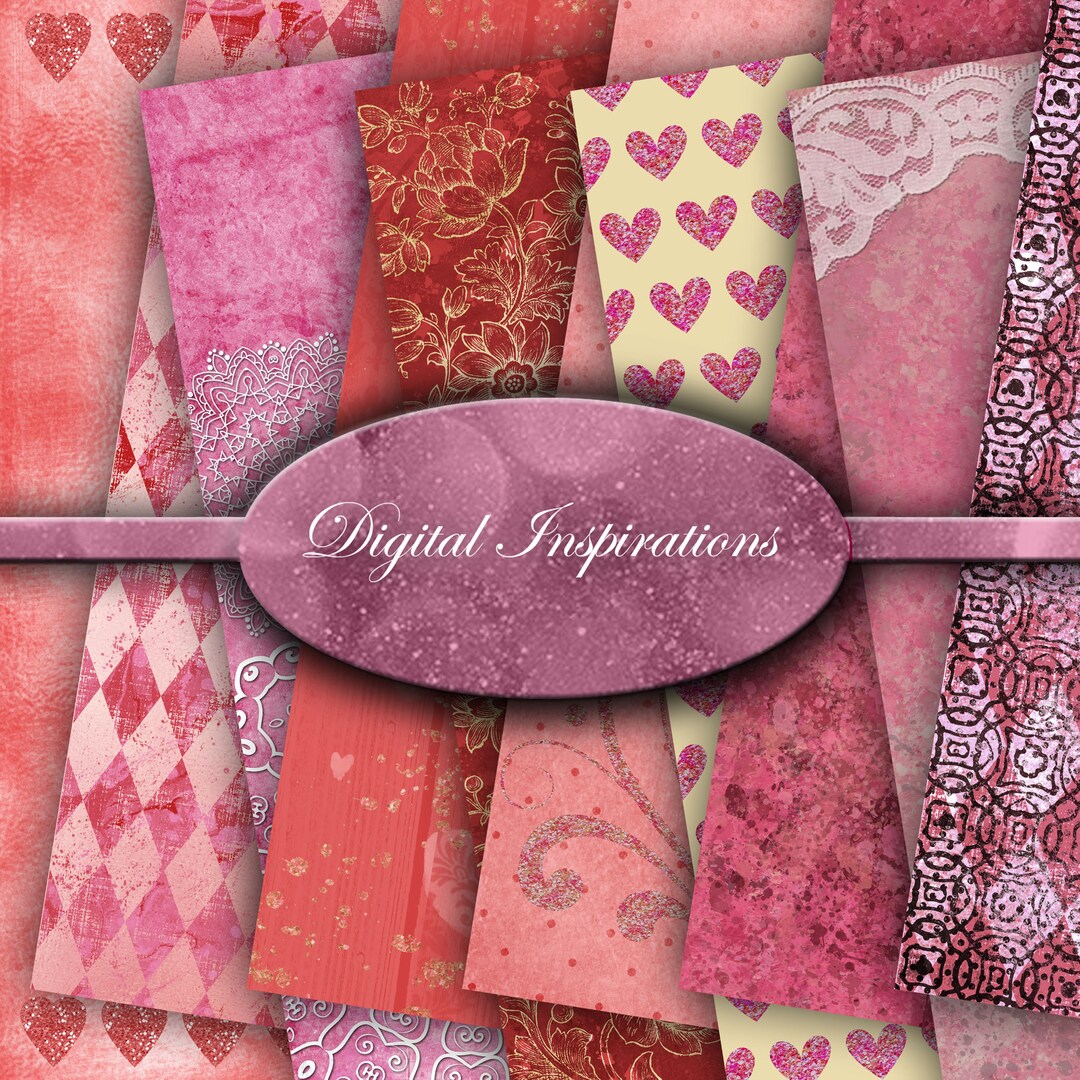Valentines Hearts Lace Printable Papers Journal Pages Digital Pink Red ...