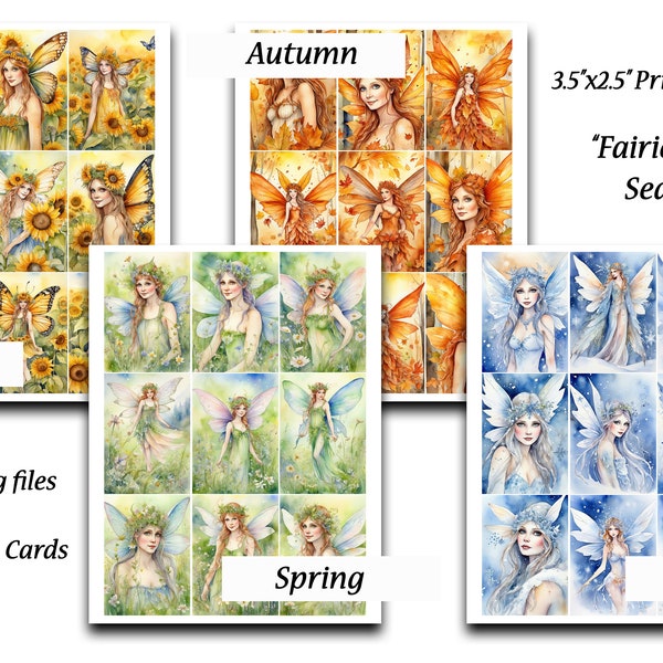 Fairies, Seasons, Autumn, Spring, Summer, Winter, Printable Paper, Junk Journals, Scrapbooking, ATC, Digital Paper, Commercial Use, Fantasy