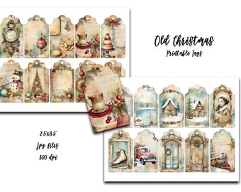 May include: Set of 12 printable Christmas gift tags featuring vintage illustrations of winter scenes, a snowman, a Christmas tree, a cup of coffee, a cake, a red truck, a door, and a train. The tags are 2.5 x 3.5 inches and 300 dpi.