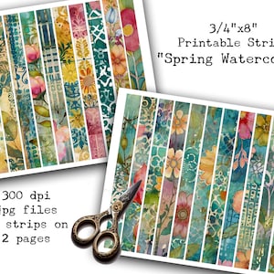 Lente, Aquarel, Bloemen, Bloemen, Afdrukbare strips, Washi, Digitale strips, Afdrukbare Washi Tape, Strips, Washi Tape, Junk Journal Supply