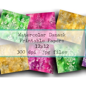 Watercolor Damask Digital Paper: 12x12 Scrapbook Printable (JPG)