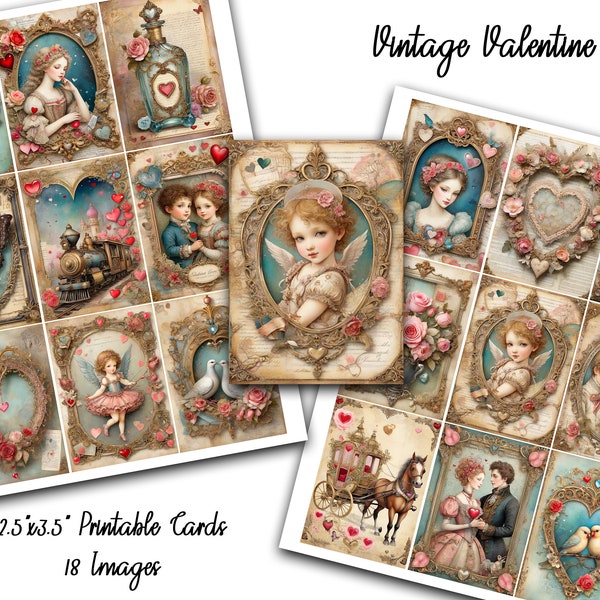 Vintage Valentine, Valentine's Day, ATC, Cards, 2.5x3.5, Junk Journals, Pocket Letters, Tags, Valentines Clip Art, Retro, Shabby, Printable