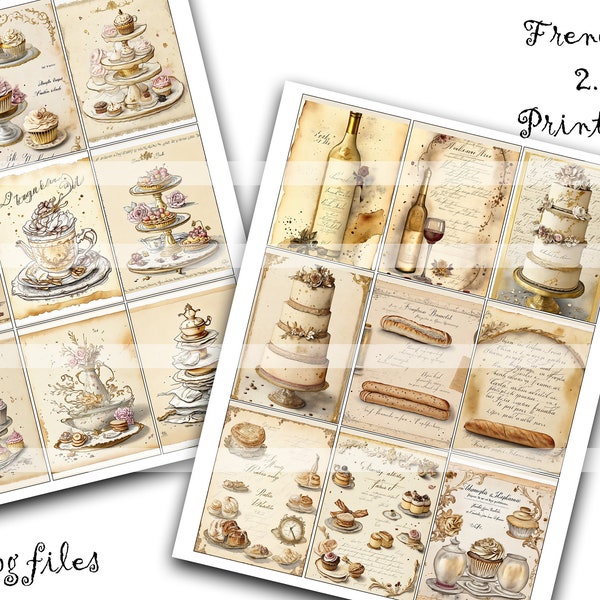 French Bakery Pastries ATC Backgrounds for Collage Tags Junk Journals 2.5x3.5 Inches Printable Instant Download Clip Art Party Images