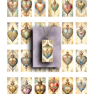 May include: A collection of 18 ornate heart-shaped pendants with intricate details and various colors, including gold, blue, red, and green. The pendants are arranged in a grid pattern on a white background.