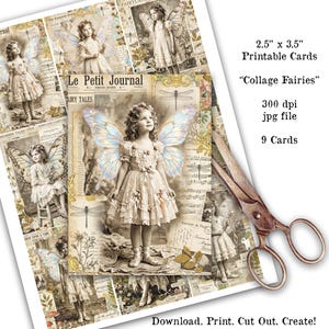Könnte beinhalten: Ein Bogen mit neun bedruckbaren Karten mit Bildern von Feen im Vintage-Stil. Jede Karte ist 6,35 cm x 8,89 cm groß und enthält eine sepiafarbene Feenillustration mit Flügeln. Der Text "Collage Fairies" wird zusammen mit Anweisungen angezeigt.