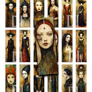 May include: A digital collage of 12 images featuring women in vintage clothing and elaborate headwear. The women have dark hair and are depicted in a gothic style. The images are set against a background of muted colors and textures.