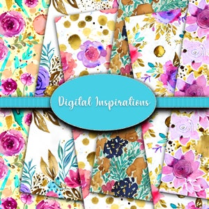 12x12 Downloadable Scrapbooking Paper Watercolor Flowers Floral Botanical Digital Papers Backgrounds Printable Clip Art