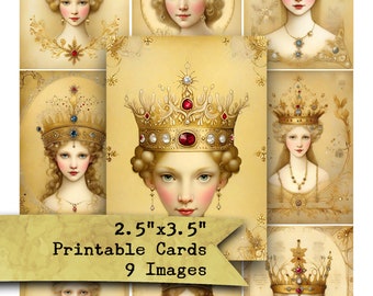 May include: Nine printable cards featuring illustrations of women wearing gold crowns with red and blue jewels. The cards are 2.5 inches by 3.5 inches and have a gold background.