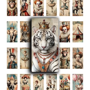 1 x 2, circus, circuspersonages, grillig, glinsterende clip art, domino, afdrukbaar, collageblad, digitaal, strips, zakletters, kortstondige, clipart