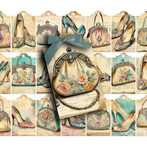 VINTAGE TASSEN en SCHOENEN, collageblad, digitaal, tags, ongewenste tijdschriften, scrapbooking, cadeaukaartjes, afdrukbare, vintage, illustraties, retro mode