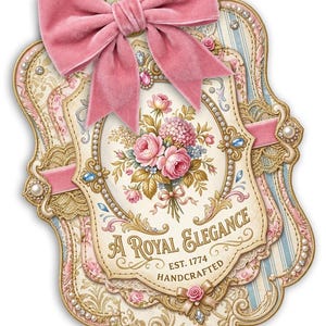 May include: A decorative label with a pink velvet bow. The label features a floral bouquet, ornate gold detailing, and the text "A Royal Elegance." The design includes pearls and gemstones, with a vintage aesthetic.