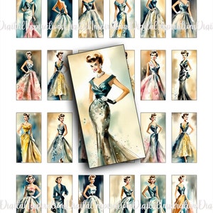 MODA LAT 50., Domino, 1x2, Suknie wieczorowe, Ubrania retro, Clipart, Do druku, Tagi, Junk Journals, Clipart modowy, Ubrania, Sukienki z lat 50.