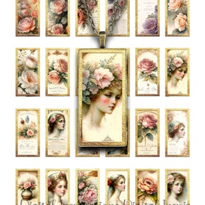 ROMANCE 1x2 Zoll druckbare Bilder, Domino Anhänger, Hintergründe, Blumen, Aquarell, Vintage Werbung, Floral, Botanische, sanfte Farben
