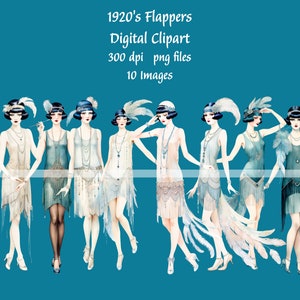 Clipart, FLAPPERS, 1920s, Fashion, Whimsical Ladies, Clipart, Watercolor png, Digital Graphics, Digital Download, 1920s Fashion, Art Deco