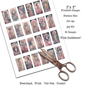1 x 2, domino, godinnen, roze, collageblad, afdrukbaar, download, sieraden maken, digitaal, fantasie, hemels, ambachtelijk, unieke afbeeldingen