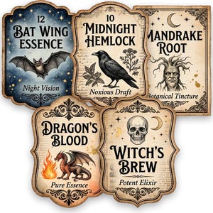 Könnte beinhalten: Ein Set aus fünf dekorativen Zaubertranketiketten mit Illustrationen und Text im Vintage-Stil. Die Etiketten zeigen Bat Wing Essence, Midnight Hemlock, Mandrake Root, Dragon's Blood und Witch's Brew mit einzigartigen Grafiken wie Fledermaus und Totenkopf.
