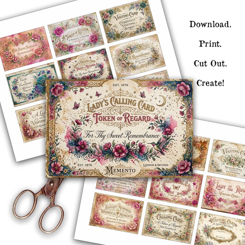 Printable Vintage Calling Cards Set, 18 Floral Victorian Cards, 2x3 ...