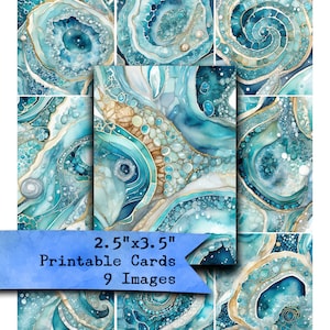 Océano azul, conchas, conchas marinas, azul, acuarelas, papel imprimible, ATC, tarjetas para diario, álbumes de recortes, ACEO, papel digital, fondos, mar