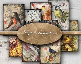 Set of 9 Digital Journal ATC ACEO Cards 2 x 3 Inches Downloadable Junk Journals Scrapbooking Timeless Vintage Birds Hearts