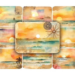 May include: A collage of nine watercolor paintings depicting sunset scenes over the ocean. Each painting features a different composition of the ocean, sky, and sun, with some including palm trees, sailboats, and compass designs.