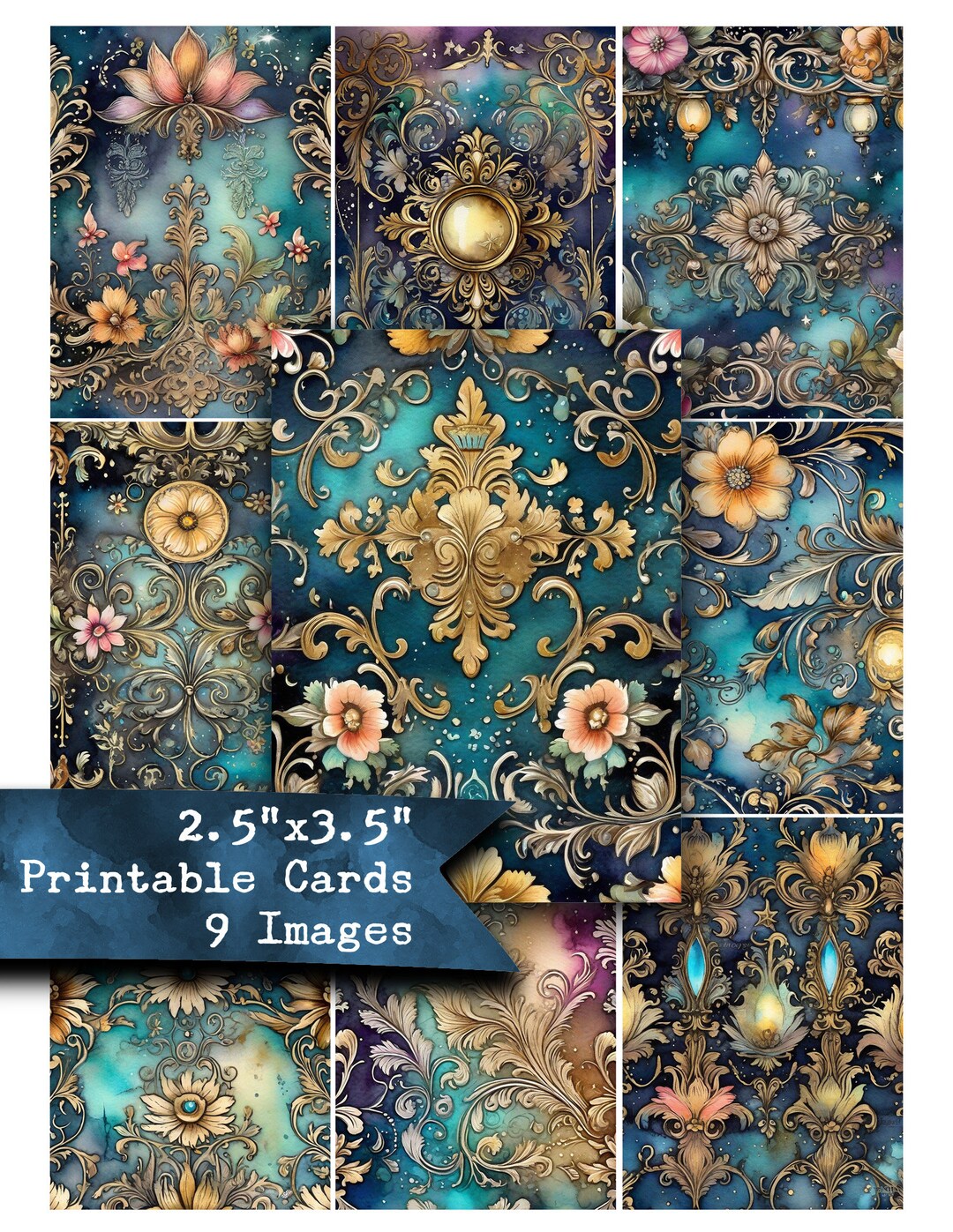 Blank Rococo Card Dark Backgrounds, Ornate, Rococo, Vintage, Watercolor, Printable Paper ...