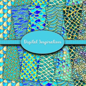 12x12 Downloadable Scrapbooking Paper Mermaid Scales Fish Mermaids Coastal Beach Digital Papers Backgrounds Printable Colorful Graphics