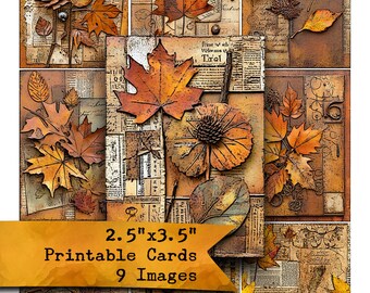 May include: Nine printable cards featuring a collage of autumn leaves, pine cones, and vintage newspaper clippings. The cards are 2.5 inches by 3.5 inches.