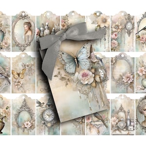 Etiquettes françaises, parisienne, feuille de collage, étiquettes numériques, journal indésirable, embellissements, cartes postales anciennes, effet vieilli, étiquettes cadeaux, imprimable