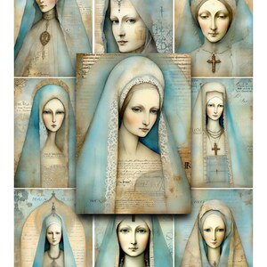 Heilige Moeder, Maagd Maria, Religieus, ATC, Junk Journals, Scrapbooking, ACEO, Clipart, Afdrukbaar papier, Kortstondige, Blauw, Christelijk, Kaarten