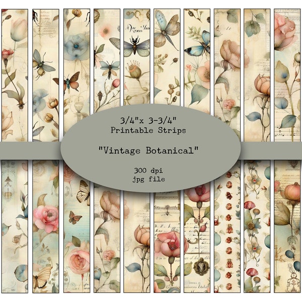 Vintage, Prodotti botanici, Acquerello, Strisce stampabili, Washi, Strisce digitali, Nastro Washi stampabile, Strisce, Nastro Washi, Forniture per diario spazzatura