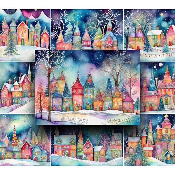 Collage Sheet, Digital, Snow, Village, Snowy Village, Tags, Junk Journals, Ephemera, Printable Paper, Pocket Inserts, Watercolor, Winter