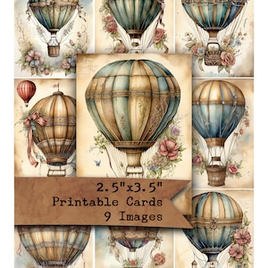 Montgolfières, Fantastique, Aquarelle, Papier imprimable, ATC, Cartes de journalisation, Scrapbooking, ACEO, Papier numérique, Carnet de voyage, Minable