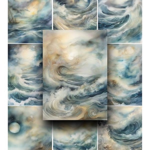 Tempêtes, Mer agitée, Aquarelle, Arrière-plans, Papier imprimable, ATC, Cartes de journalisation, Scrapbooking, ACEO, Papier numérique, Lettres de poche