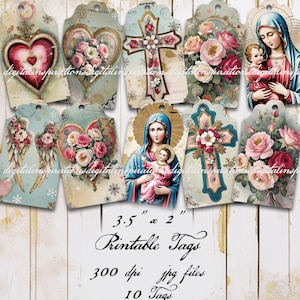 Druckbare Tags, Scrapbooking, Ephemera, Christlich, Heilige Mutter, Jungfrau, Clip Art, Religiöse Tags, Digitale Ephemera, Junk Journal