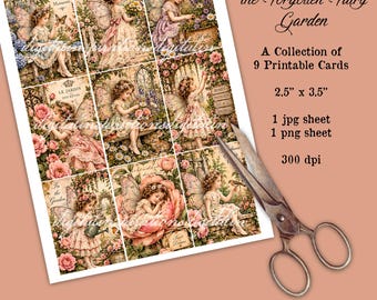 May include: A printable sheet featuring nine cards titled The Forgotten Fairy Garden, each displaying a fairy in a floral setting. The text reads 2.5" x 3.5", 1 jpg sheet, 1 png sheet, 300 dpi, and Download. Print. Cut Out. Create! Metal scissors lie beside the sheet.