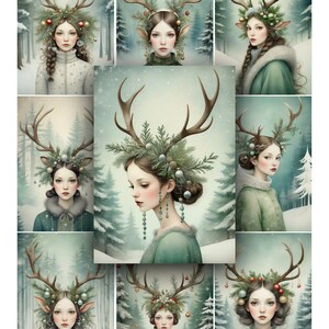 Meninas caprichosas, chifres, Natal, aquarelas, planos de fundo, papel para impressão, ATC, cartões de registro no diário, álbum de recortes, ACEO, cartas de bolso